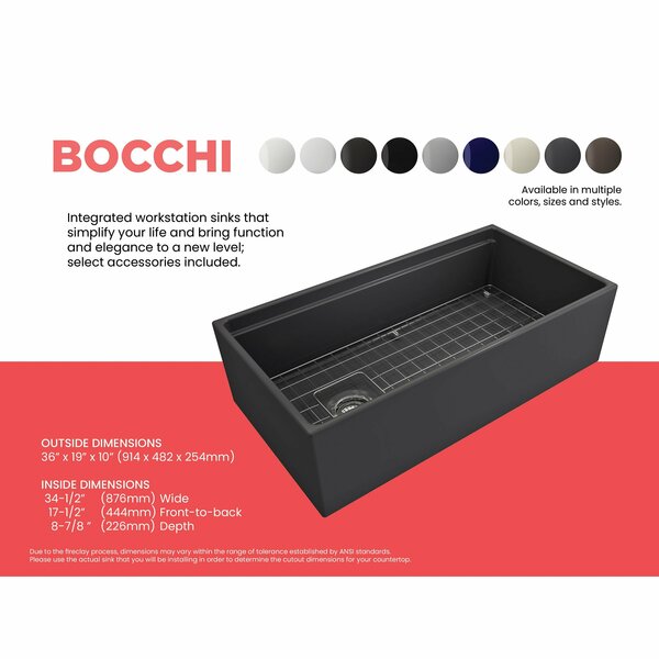 Bocchi Contempo Workstation Apron Front Fireclay 36 in. Single Bowl Kitchen Sink in Matte Drak Gray 1505-020-0120